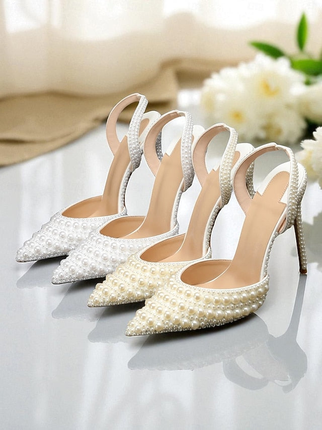 Women's Leather Pearl-Embellished - White Heels Slingback FashionChic