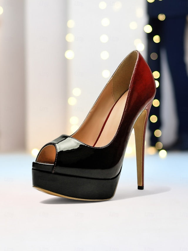 High Platform Black Patent Heels Peep Toe Leather Women's FashionChic