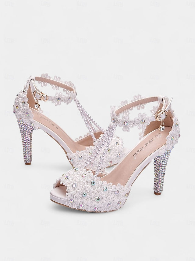 White Floral Bridal - Sandals Lace T-Strap Pearl-Decorated FashionChic