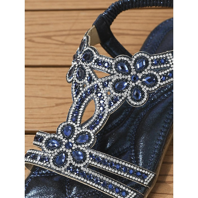 T-Strap Sandals Women's Silver Boho Rhinestone Flat – FashionChic