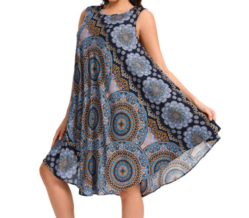Crew Neck Boho Geometric Dress QT36 fabuloryshop
