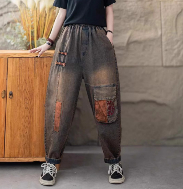 Women Autumn Vintage Patch Spliced Cotton Harem Pants AI1032 BUYKUD