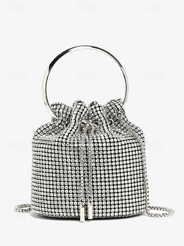Women's with Rhinestone Metal Bag Silver Bucket Sparkling FashionChic
