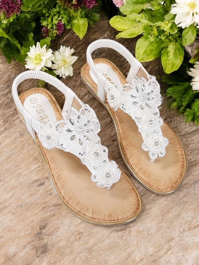 – Lace Women's Embellished Pink Floral Sandals T-Strap FashionChic