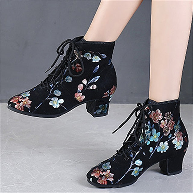 Floral Comfortable Women Lace-up – Black Low for Dance Shoes FashionChic