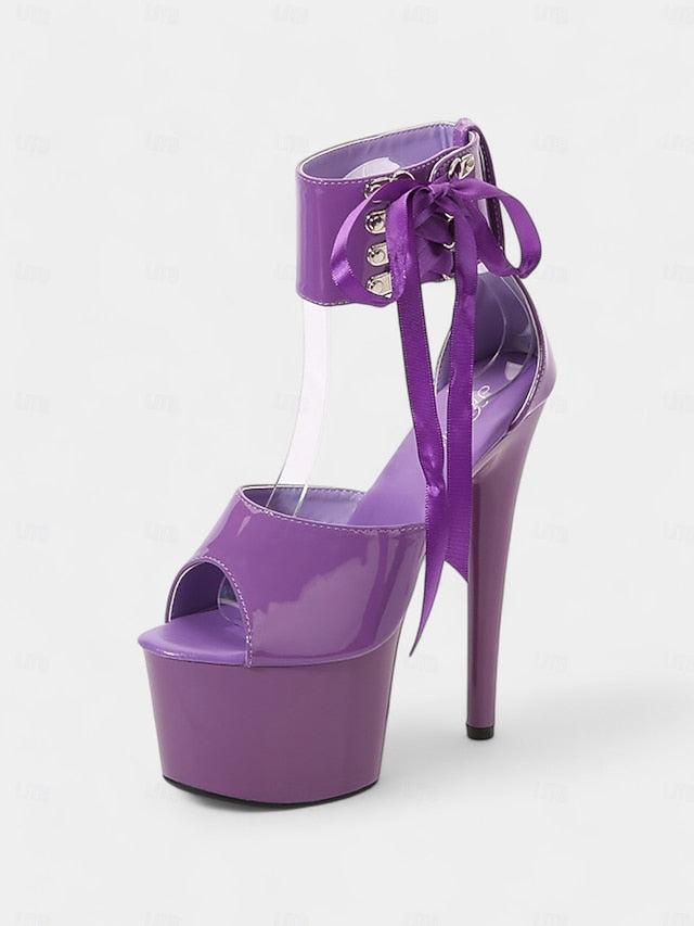 Lace-Up Sandals Ankle Straps Black with Leather Platform Patent FashionChic