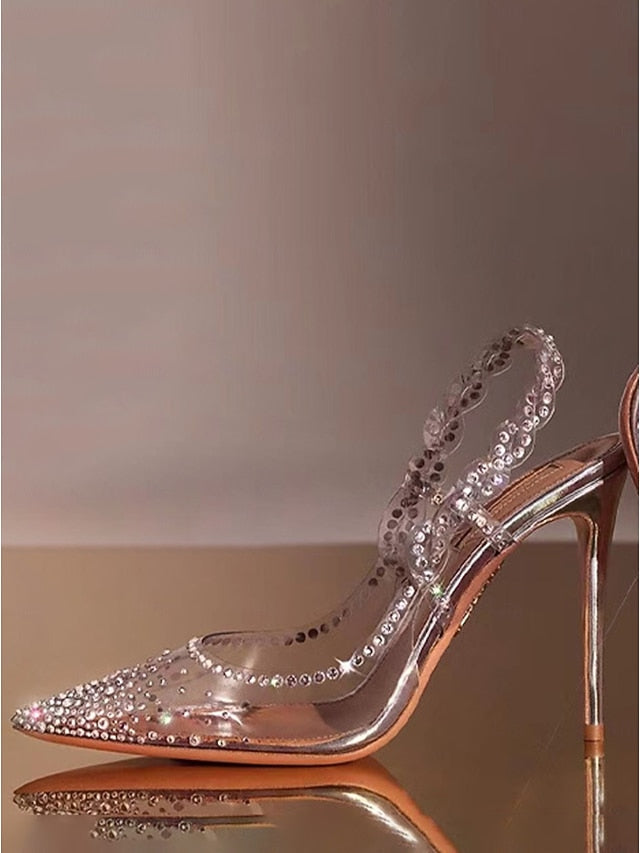 Women's Toe Clear Rhinestone Pointed with Slingback Heels FashionChic