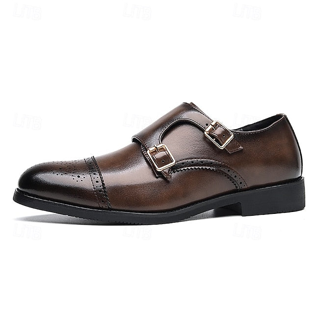 Double Men's Shoes Monk Strap Faux Brown with Dress Leather FashionChic