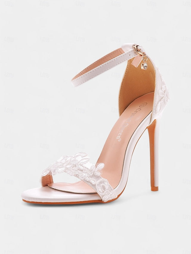 Women's Strap Lace Ankle White Heels Stiletto with Wedding FashionChic