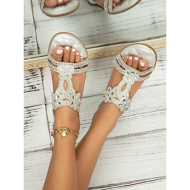 T-Strap Sandals Women's Silver Boho Rhinestone Flat – FashionChic