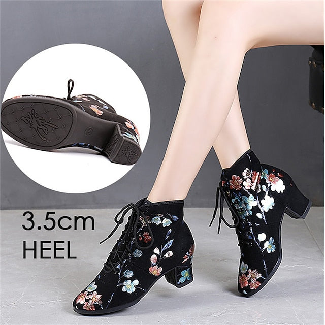 Floral Comfortable Women Lace-up – Black Low for Dance Shoes FashionChic