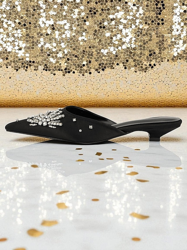 with Rhinestone Toe Pointed Mules Satin Black Women's FashionChic