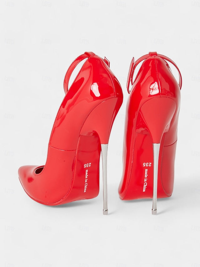 with Red Women's Patent Heels Ankle Stiletto Leather Strap FashionChic