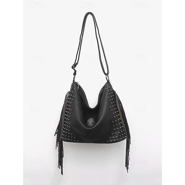 - Brown Leather Boho Studded Bag Women's Hobo Skull Fringe FashionChic