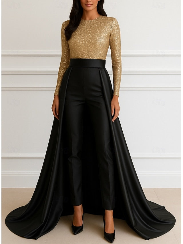 Formal Evening Gold Black Dress Elegant Gown Wedding A-Line FashionChic