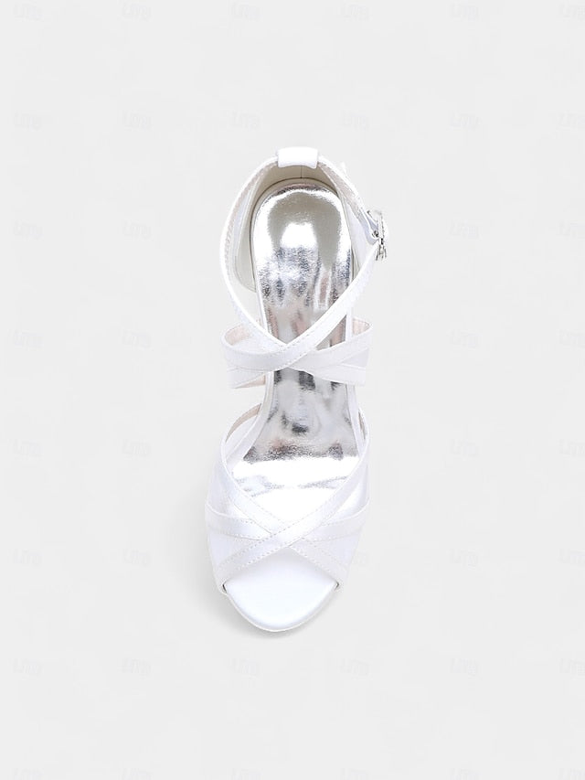 Heel Cross White Sandals - with Satin High Straps Perfect Bridal FashionChic