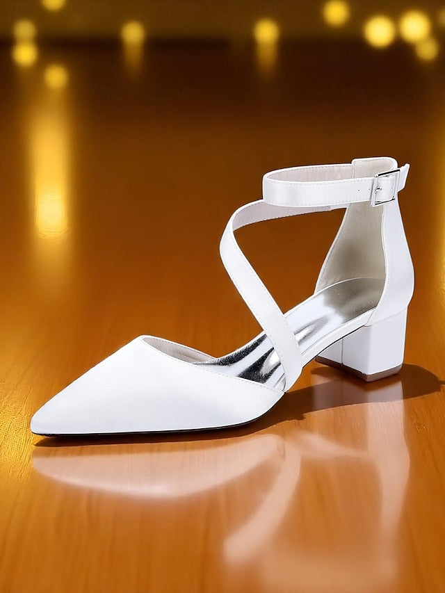 Women's Champagne Pointed Block Heels Satin Toe - FashionChic