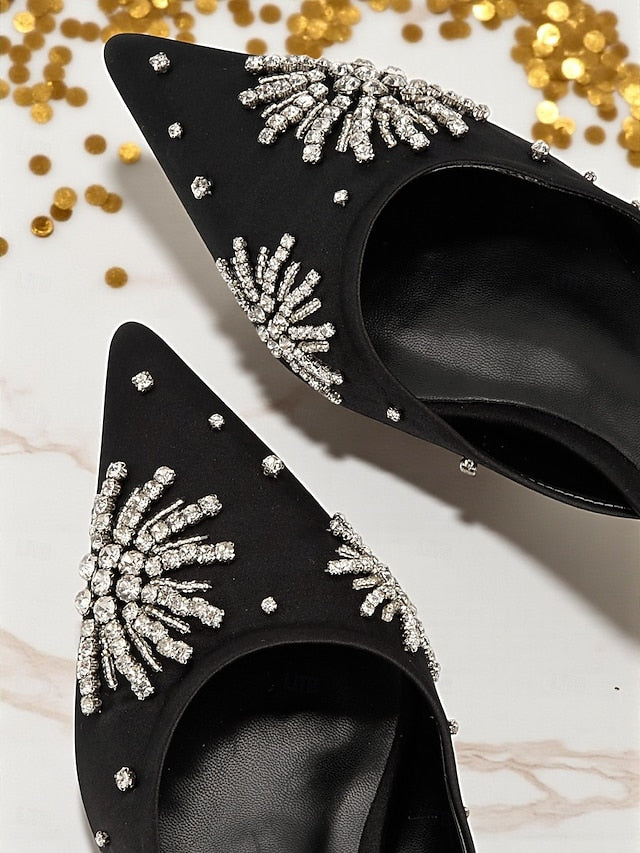 with Rhinestone Toe Pointed Mules Satin Black Women's FashionChic