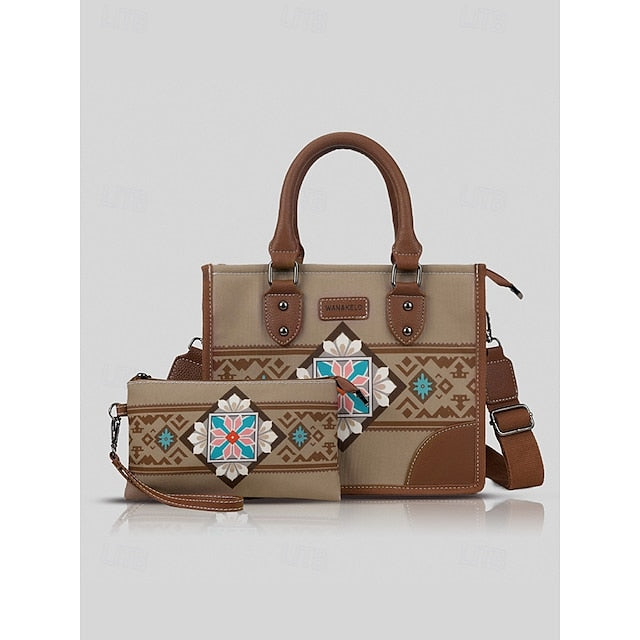 and Set Women's Ethnic Leather Faux Handbag Canvas with FashionChic