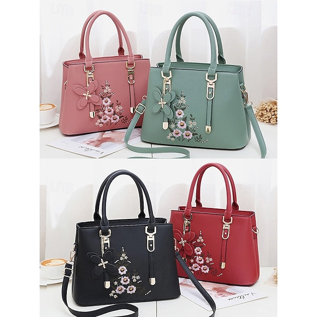 Faux Women's Handbag Embroidery Floral with Leather Green FashionChic