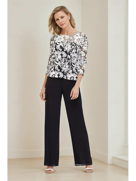 Elegant Floral Mother of Pantsuit Piping Bride Lace Dress the FashionChic