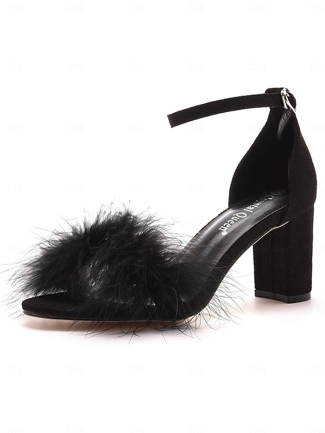 – Wedding Block Women Feather-Embellished for Sandals Heel FashionChic