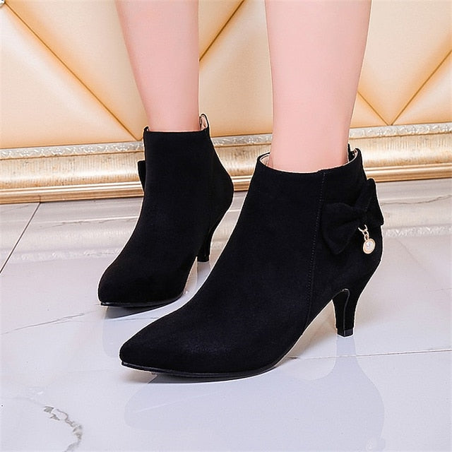 Pink Boots Women's Bow Pearl Charm Suede with and Ankle FashionChic