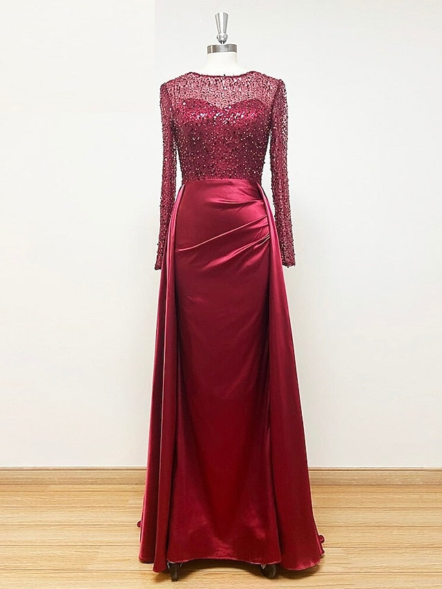 RuchedSatin Dress Sleeves Mermaid Gown Evening Sequin Long FashionChic