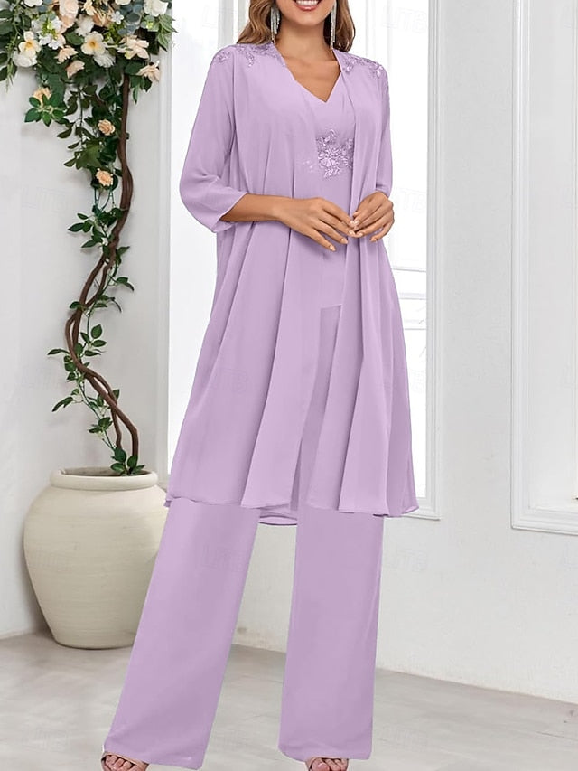 V Mother Elegant Dress Simple of Wedding the Guest Bride Piece 3 FashionChic