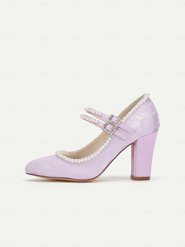 Heels Embellished Purple Mary Pearl Women's Jane - Lace FashionChic