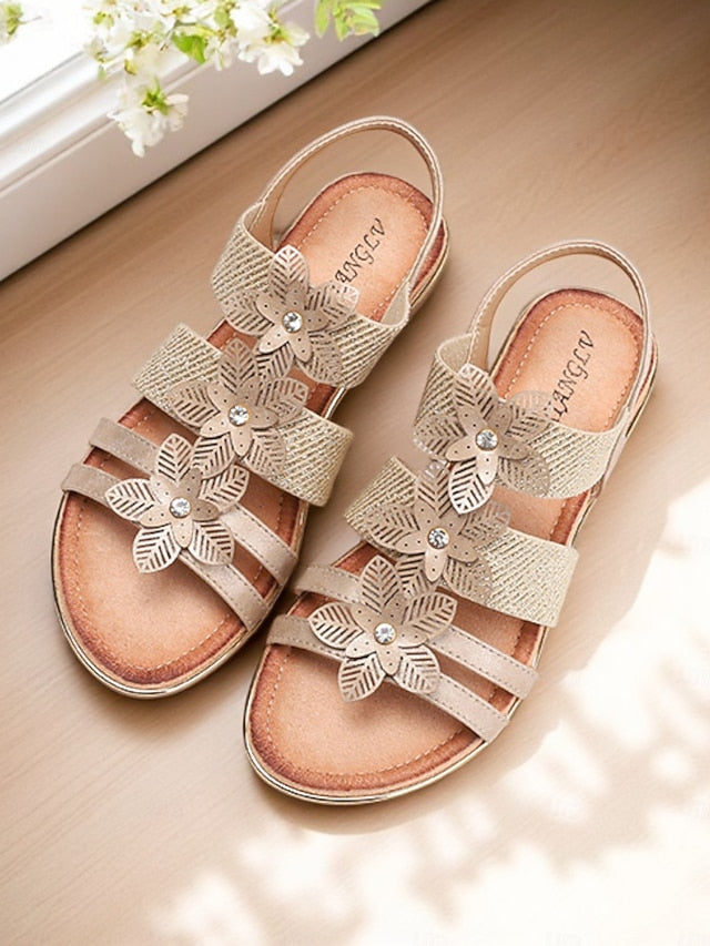Sandals Women's Rhinestone Floral – Flat Elegant Beige FashionChic