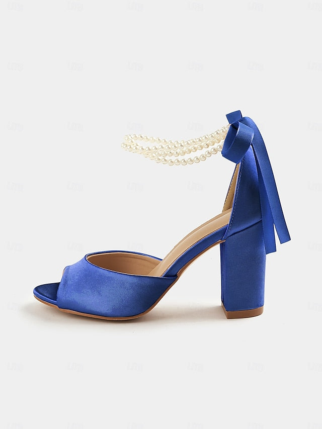 Peep-Toe Sandals Heel Pearl Satin Block Ankle Women's with FashionChic