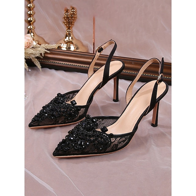 Pearl-Embellished with Slingback Kitten White Pointed-Toe Heel FashionChic
