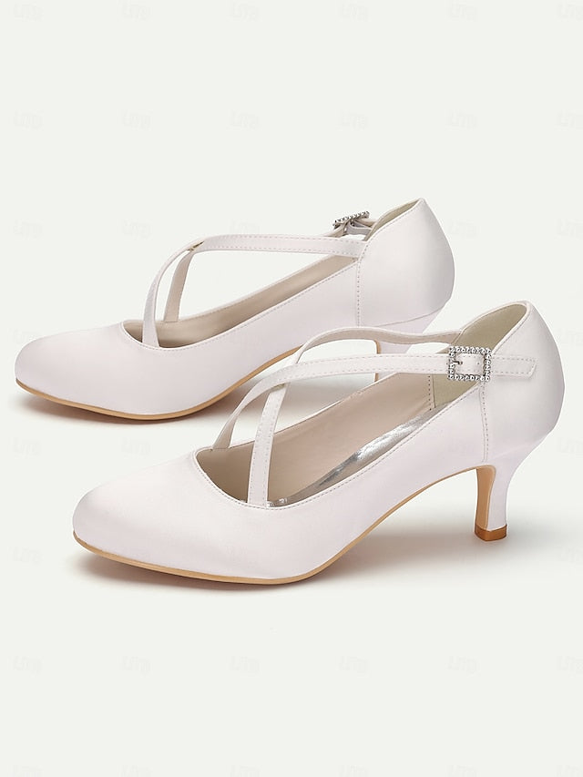 Elegant Buckle White Satin Cross-Strap Heels with – Rhinestone FashionChic