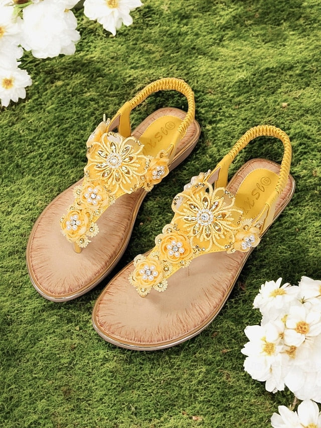 – Lace Women's Embellished Pink Floral Sandals T-Strap FashionChic