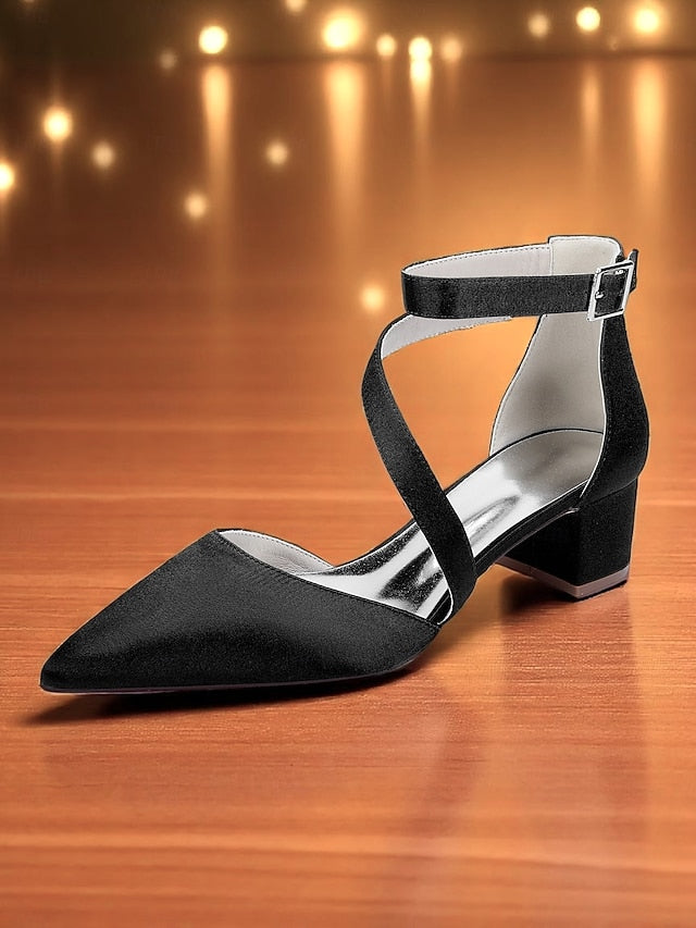 Women's Champagne Pointed Block Heels Satin Toe - FashionChic