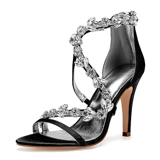 Pink Rhinestone Women's Heel Satin Floral High Sandals with FashionChic