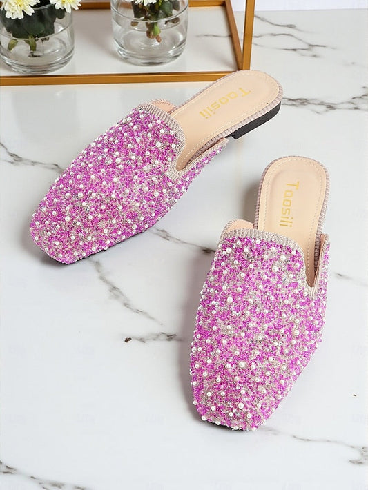 - and Women's Pink Pearl Mules Rhinestone Embellished FashionChic