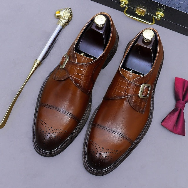 Dress Genuine Strap Black Men's Leather Monk First Shoes- FashionChic