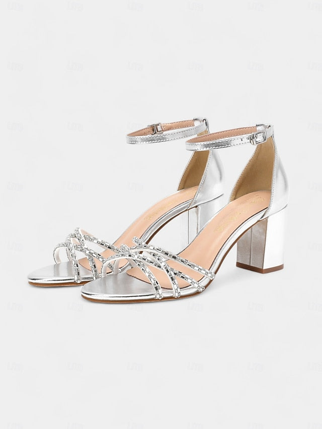with Metallic Silver Block Rhinestone Heel Strappy Sandals FashionChic