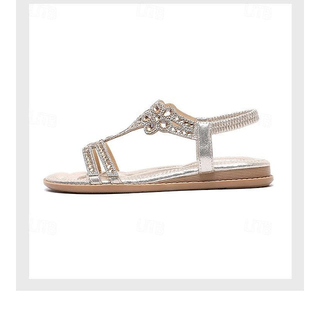 T-Strap Sandals Women's Silver Boho Rhinestone Flat – FashionChic