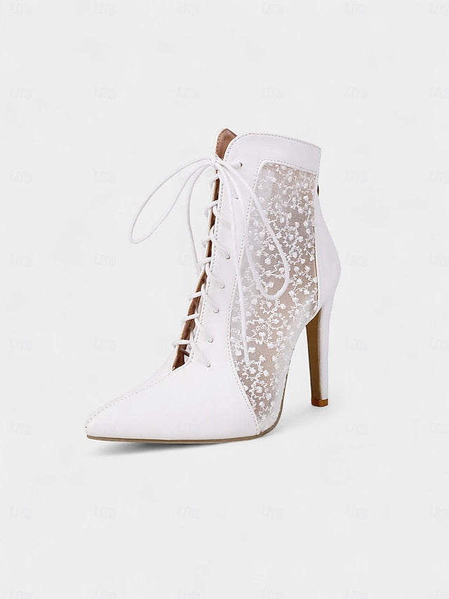 Women's Mesh Booties Ankle Lace Stiletto White Heels with FashionChic