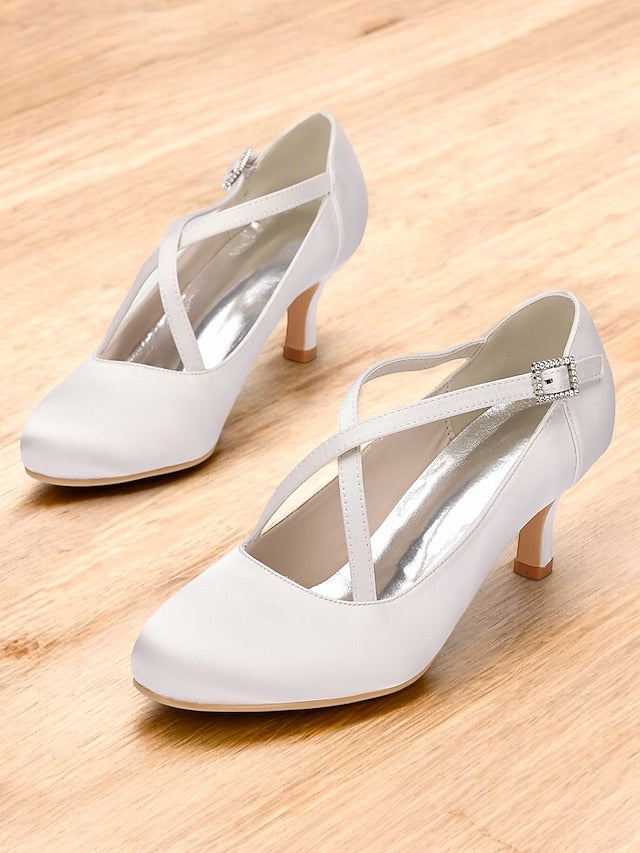 Elegant Buckle White Satin Cross-Strap Heels with – Rhinestone FashionChic
