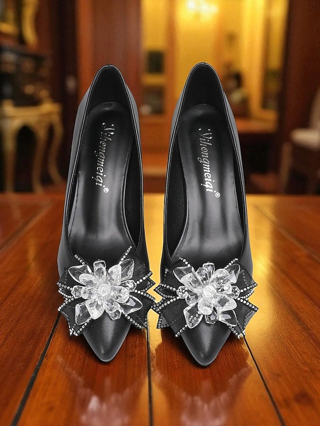 Bow Wedding Low White Shoes Women's Crystal with Heel FashionChic