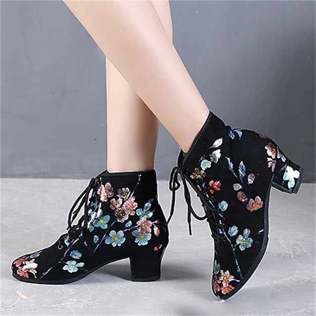 Floral Comfortable Women Lace-up – Black Low for Dance Shoes FashionChic