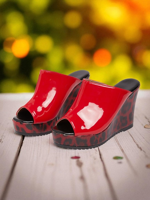- Wedge Leather Sandals Toe Peep Leopard Red Women's Patent FashionChic