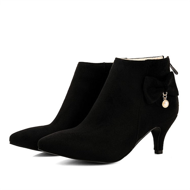 Pink Boots Women's Bow Pearl Charm Suede with and Ankle FashionChic