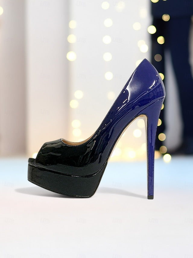High Platform Black Patent Heels Peep Toe Leather Women's FashionChic