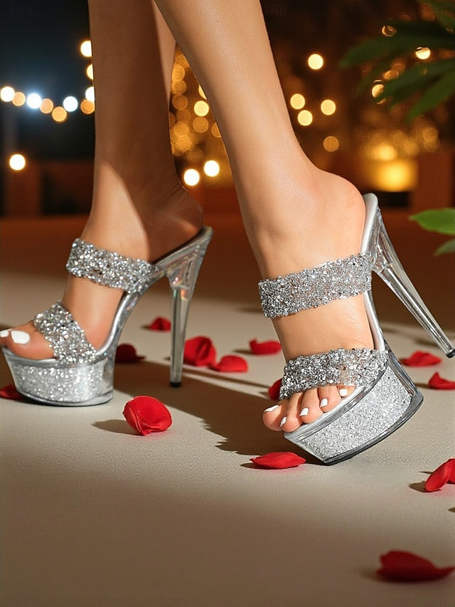 High Heel Glitter Platform Rhinestone Mules Women's Peep - FashionChic