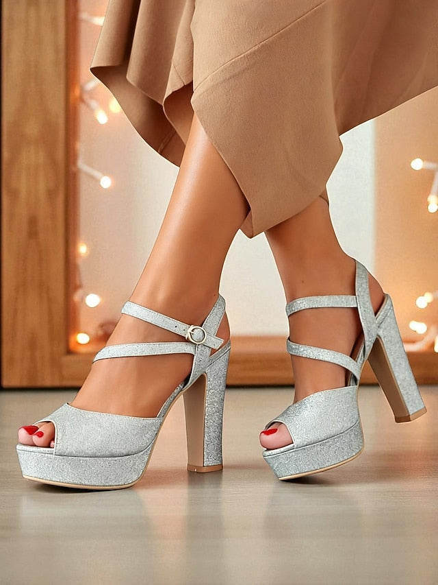 Strap Ankle Heel Women's Platform Sandals with Glitter High FashionChic